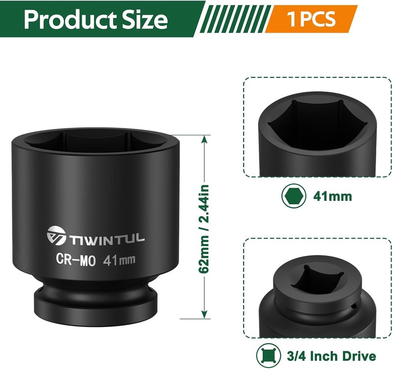 TIWINTUL 3/4 Inch Drive Metric Impact Socket 41mm, 6-Point Design, Heat-Treated Chrome Molybdenum Alloy Steel, Spindle Axle Nut Socket for Auto Repair, Easy Removal - Image 2